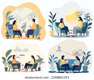 Concept of psychological healing. Woman attending a therapy appointment, engaging with a psychiatrist. Tackling stress, addictive behaviors, and mental hurdles. Vector.