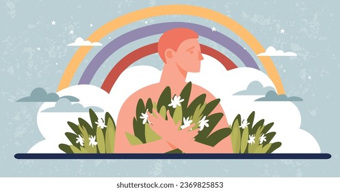 Concept of psychological health, mental balance, healing of childhood traumas, self-love. Happy man with flowers on rainbow background, flat cartoon banner.