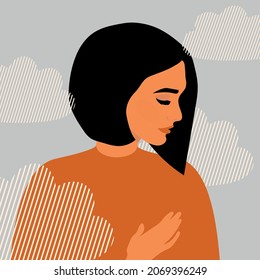 The concept of psychological health and pure thoughts. A woman with black hair feels lightness and peace of mind in the clouds. Flat style poster design with blue background. Vector.