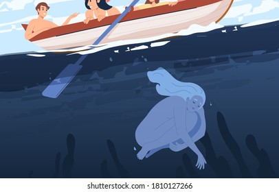 Concept of psychological problem, mental disease or depression. Depressed woman hugging knees, fall underwater. Lost woman feels frustrated. Scene of human solitude. Flat vector cartoon illustration.