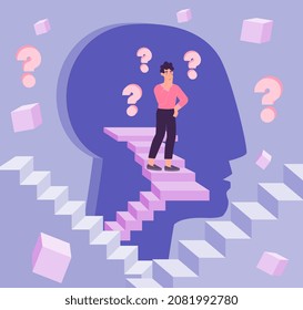 Concept of psychology. Man stands on stairs in silhouette of head, pensive character. Metaphor of internal uncertainty or finding right solution, optimal way. Cartoon flat vector illustration