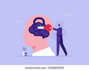 Concept of psychology and self knowledge, unlock business idea, motivation to find out and search for business opportunity or creativity, businessman hand holding key to unlock ideas on human head