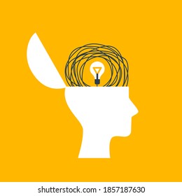 Concept Of Psychotherapy, Brainstorming And Mental Problem Solving. Vector Illustration. Brain As Tangled Knot In Opened Man Head. Light Bulb Idea And Scribble Lines.