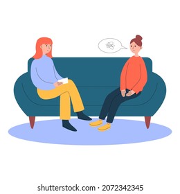Concept of psychotherapy. Psychotherapist or a psychiatrist, a psychologist is sitting on the couch with a sad girl patient who is confused in herself. Vector illustration in flat style isolated.