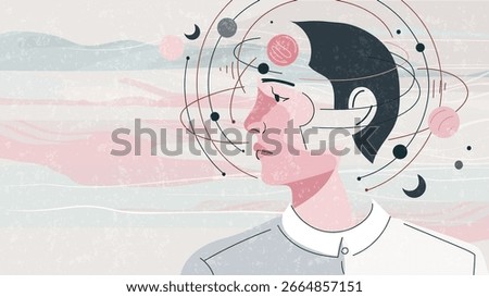 Concept of psychotherapy, science, self-analysis and imagination, thinking process. Side profile of a man with abstract planetary orbits around his head. Flat vector illustration.