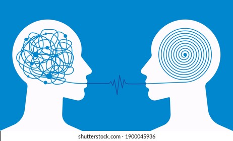 Concept of psychotherapy - two heads and a ball of thread. Abstract silhouette of people. The therapist and the patient solve problems. Mental health concept. Good for article, blog, social media. 