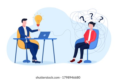 Concept of psychotherapy. Woman on reception at psychiatrist in office. Flat vector illustration