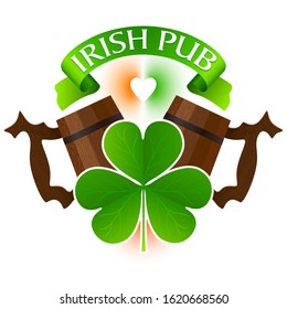 Concept of pub logo. Green clover leaf, wooden mugs and top ribbon banner.