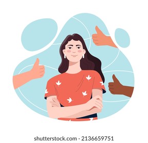 Concept of public approval. Young smiling woman receiving positive thumbs up gestures. Opinion of colleagues. Successful female character. Employee satisfaction. Cartoon flat vector illustration