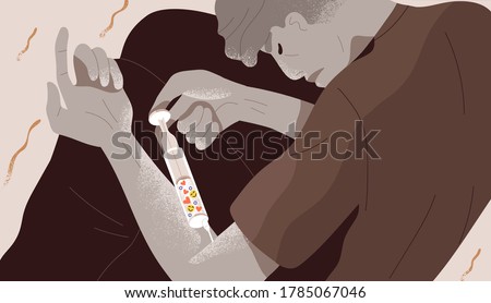 Concept of public approvement, internet or like addiction, social addicted. Man injecting social media feedback dose. Phubbing people. Mental problem, nomophobia. Flat vector cartoon illustration
