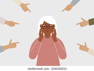 The concept of public condemnation, victim blaming and bullying. Crying depressed woman. The fingers point at the character and hate him. Internet cyberbullying. Vector flat illustration