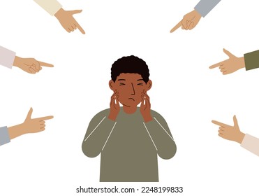 The concept of public condemnation, victim blaming and bullying. Crying depressed boy. The fingers point at the character and hate him. Internet cyberbullying. Vector flat illustration