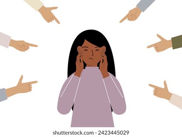 The concept of public condemnation, victim blaming and bullying. Crying depressed woman. The fingers point at the character and hate him. Internet cyberbullying.