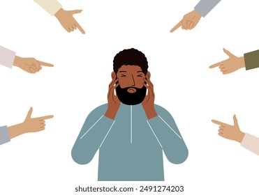 The concept of public condemnation, victim blaming and bullying. Crying depressed man. The fingers point at the character and hate him. Internet cyberbullying.