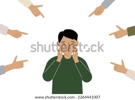 The concept of public condemnation, victim blaming and bullying. Crying depressed boy. The fingers point at the character and hate him. Internet cyberbullying. Vector flat illustration