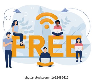 Concept of public free wireless connection wireless point Wi-Fi. Vector illustration in flat style