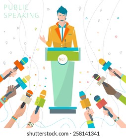 Concept of public speaking / speaker's stand / press conference / vector illustration.