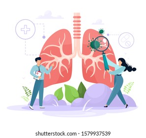 The concept of Pulmanology. Human lungs with tiny healthcare characters. Examination and treatment of respiratory organs. Checking the organs of internal organs for the presence of diseases, diseases 