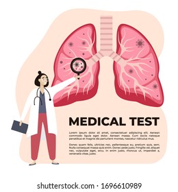 Concept Of Pulmonary Fibrosis, Tuberculosis, Pneumonia, Lung Diagnosis. Doctor Shows Scanning Of Lungs. Lung Medical Test. Vector Illustration