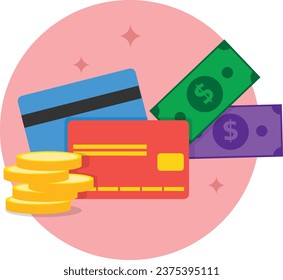 Concept of purchase with credit card, debit card, coins and banknotes