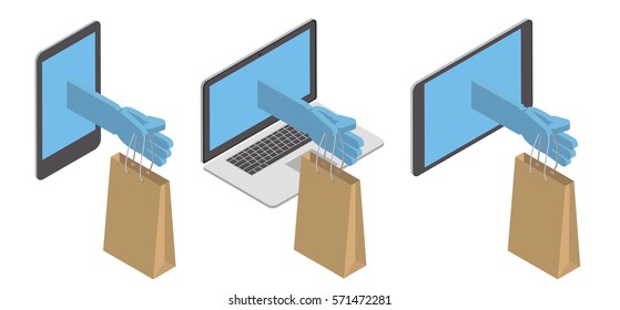 Concept, purchase, delivery of goods through the Internet. Delivery on the phone, tablet, PC. Vector isometric