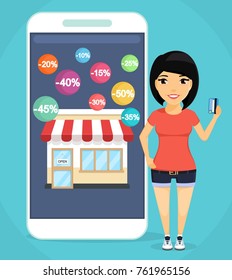 The concept of purchase using a mobile phone. A young girl makes a purchase online. Cashless settlement. In flat style on blue background. Cartoon.