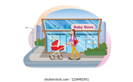 The Concept Purchases children goods in Baby Store. Vector Illustration of Cartoon Happy young Mother with Baby Carriage. Buying clothes for a small Child. Baby Store Isolated on White Background