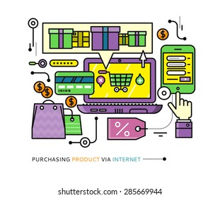 Concept of purchasing, delivery of product via internet. Stroke elements of online shopping computer, mobile phone, online store, credit card. For web site banners brochures on white background