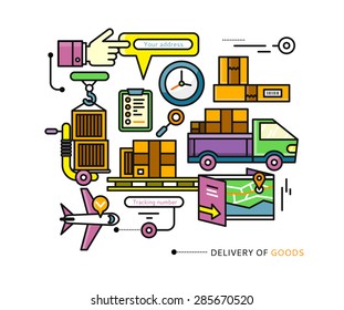 Concept of purchasing, delivery of product via internet. Stroke elements of delivery service. Transportation chain aviation, customs, control, cars. For web site banners brochures on white background