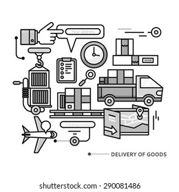 Concept of purchasing, delivery of product via internet.  Thin, lines, outline icons elements of delivery service. Transportation chain aviation, customs, control, cars