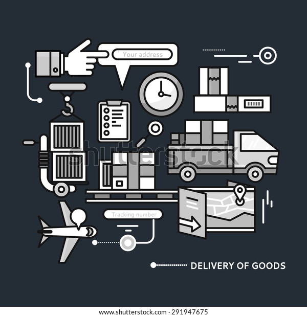 Concept of purchasing, delivery of product via\
internet.  Thin, lines, outline icons black elements of delivery\
service. Transportation chain aviation, customs, control, cars on\
black color background