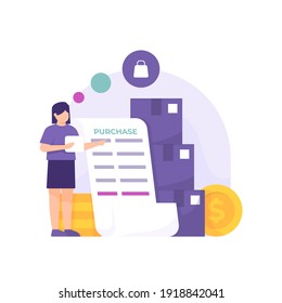 a concept of a purchasing staff, inventory management. illustration of a woman who is compiling a list of purchases of goods or services needed by all members of the company. flat style. vector design