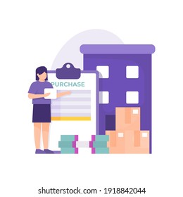 un concepto de personal de compras, gestión de inventarios. ilustración de una mujer que está recopilando una lista de compras de bienes o servicios que necesitan todos los miembros de la empresa. estilo plano. diseño vectorial