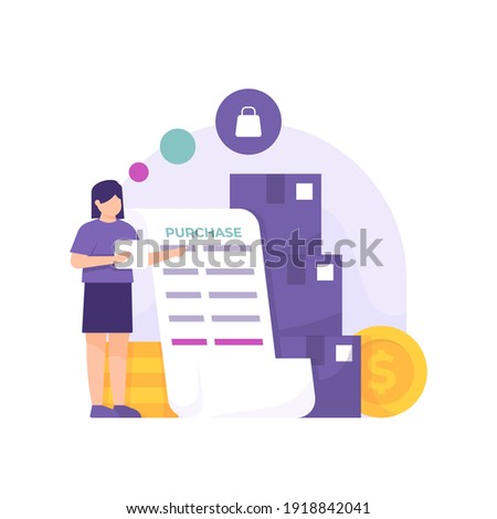 a concept of a purchasing staff, inventory management. illustration of a woman who is compiling a list of purchases of goods or services needed by all members of the company. flat style. vector design