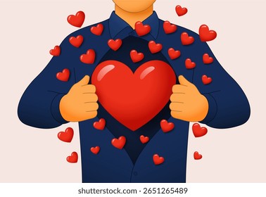 Conceito de puro amor ou reconhecimento forte. Uma pessoa tem muitos corações vermelhos voando do seu peito. Ilustração vetorial.