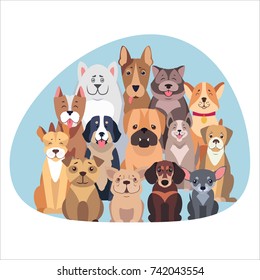 Concept of purebred dogs. Vector illustration of Bernese Mountain and Central Asian hounds, French and English Bulldog, Chihuahua and boxer, Jack Russell and Bull Terrier, puppy of Argentinian Dog.