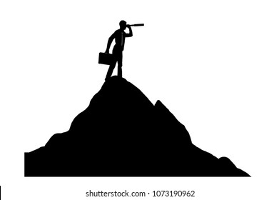 The concept of purposeful businessman. Silhouette vector of a businessman looking through a telescope on top of a mountain in search of new opportunities