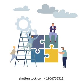 Concept puzzle of financial management, Statistics and business report, little people as puzzles collect infographics on stairs. Vector illustration