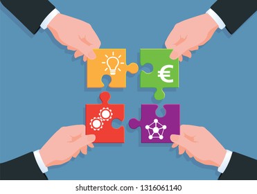 Concept of the puzzle to illustrate the process of manufacturing a product, from creation to the distribution network, through financing and realization.