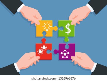 Concept of the puzzle to illustrate the process of manufacturing a product, from creation to the distribution network, through financing and realization.