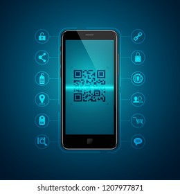 concept of qr code technology, realistic mobile phone with business icons