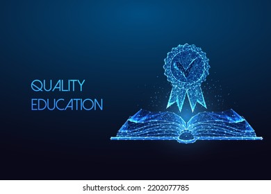 Concepto de educación de calidad con libro abierto y símbolo de insignia de excelencia en estilo futurista en azul