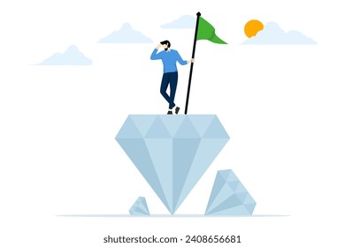 concept of quality, value or excellence. businessman holding a victory flag on a valuable high value diamond. Value proposition, marketing that benefits customers to buy products and services.