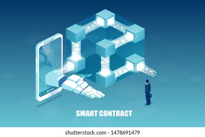 Concept of quantum computers, blockchain and coding. Vector of Information blocks in cyberspace offering a smart contract to a businessman  