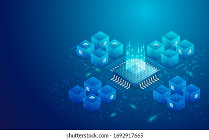 concept of quantum computing or big data, graphic of microchip with futuristic cube and technology elements presented in isometric