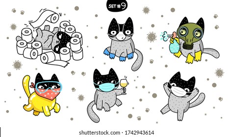 Concept of quarantine. Cartoon cat in a glamorous protective suit. Self isolation, quarantine due to coronavirus. Vector illustration.