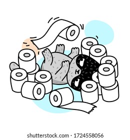Concept of quarantine. Cartoon cat is playing with toilet paper. Self isolation, quarantine due to coronavirus. Vector illustration.