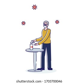 Concept Of Quarantine Coronavirus Epidemic. Man Wears Protective Face Mask And Disinfect His Hands By Antibacterial Gel To Prevent Infection Spreading. Cartoon Linear Outline Flat Vector Illustration.