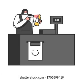 Concept Of a Quarantine During Coronavirus. Cashier Is Scanning Goods By Barcode Scanner In The Supermarket Wearing Protective Mask For Safety. Cartoon Linear Outline Flat Style. Vector Illustration