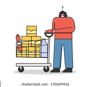 Concept Of a Quarantine During Coronavirus. Customer Woman With Trolley Full Of Food In The Supermarket Wearing Protective Mask For Her Safety. Cartoon Linear Outline Flat Style. Vector Illustration